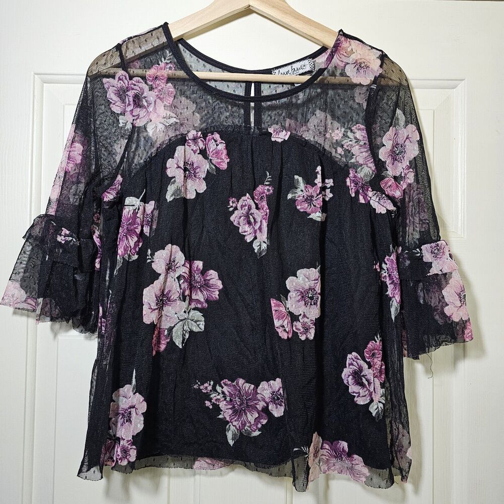 CRAVE FAME by ALMOST FAMOUS Black Pink Purple FLORAL BLOUSE SIZE L Mesh